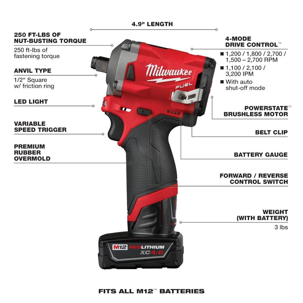 MW M12 FUEL Stubby 1/2 in. Impact Wrench Kit 2555-22 from MW