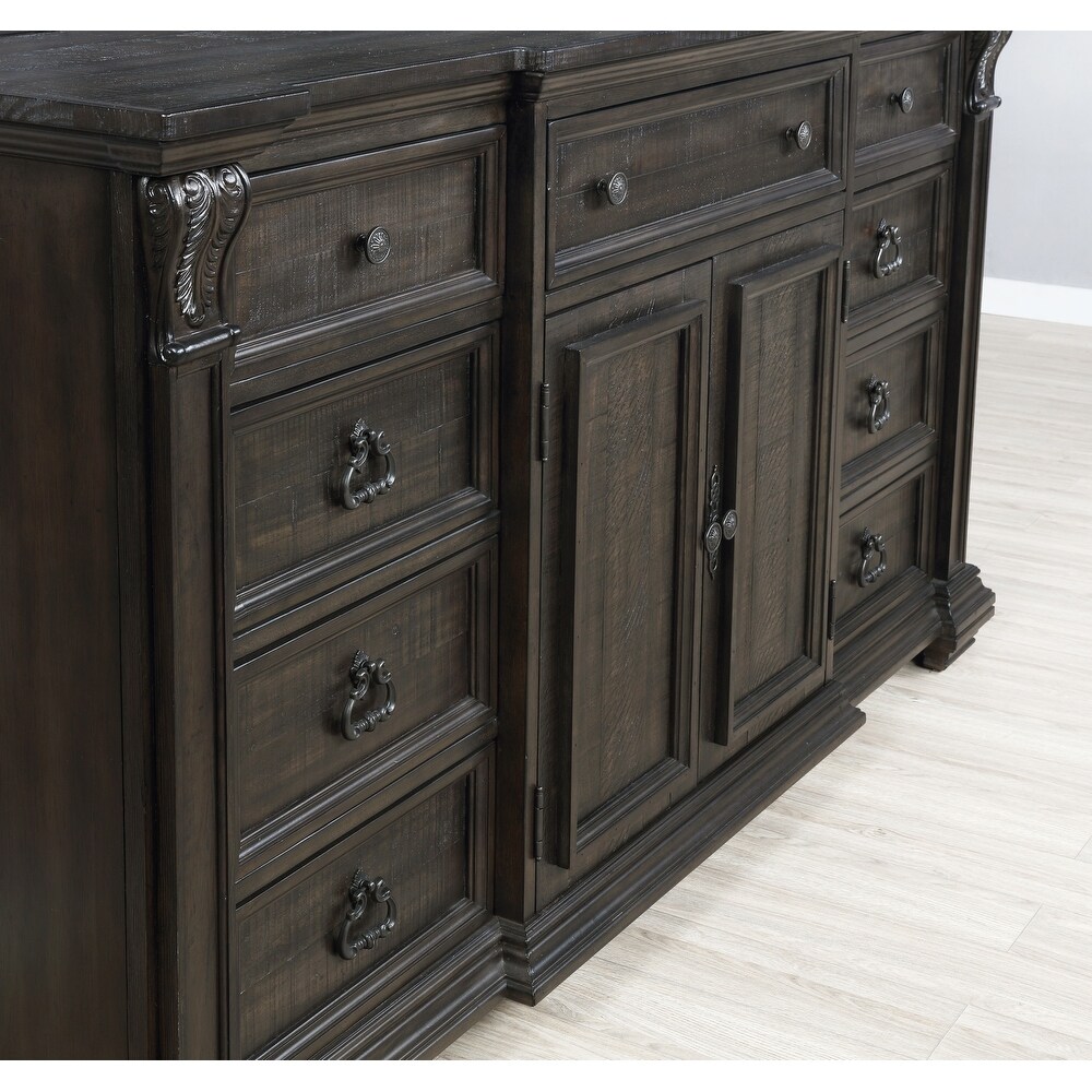 Roundhill Furniture Farson Distressed Dark Walnut Finish Wood Panel Bed  Dresser  Mirror  Two Nightstands