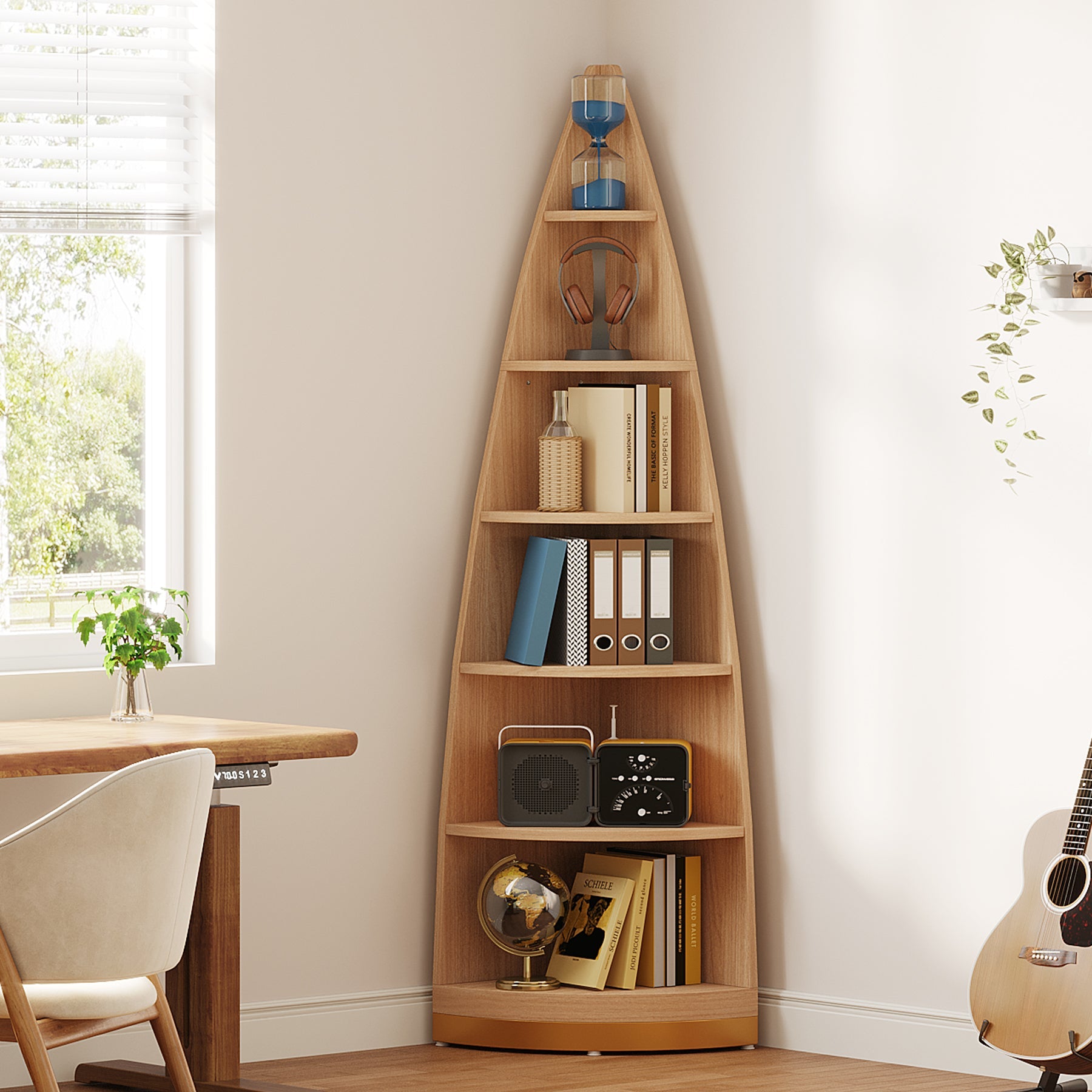 6-Tier Corner Shelf, 71  Corner Bookshelf Freestanding Wood Bookcase