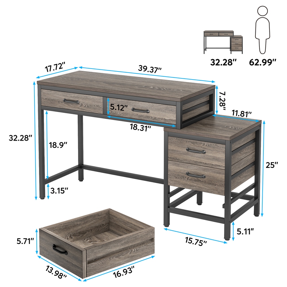 Reversible Computer Desk with 5 Drawers  Home Office Desk with File Cabinet Drawer Printer Stand