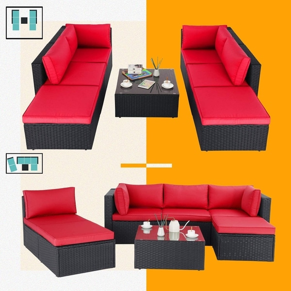 Bossin 7 Pieces Patio Furniture Sets，Outdoor Sectional Sofa，Rattan Wicker Couch with Washable Cushions and Glass Table