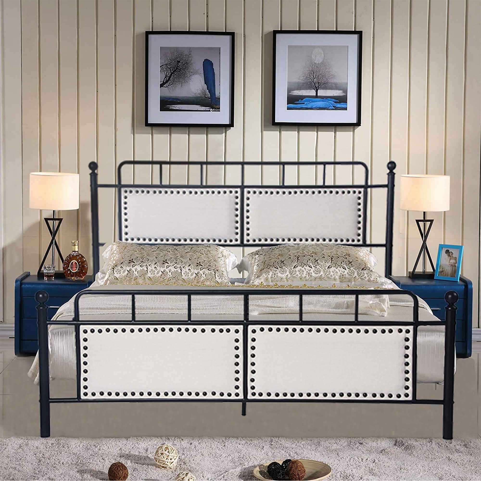 Karmas Product Metal Bed with Upholstered Headboard Heavy Duty Frame Steel Slat Support for Bedroom, Guest Room, No Box Spring, Mattress Foundation, Queen Size, Black