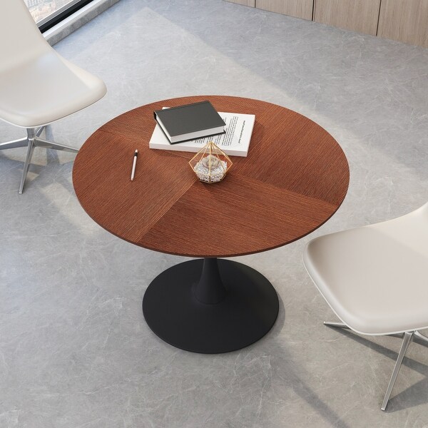 42in. Round Dining Table with Printed Wood Grain Table Top，Metal Base