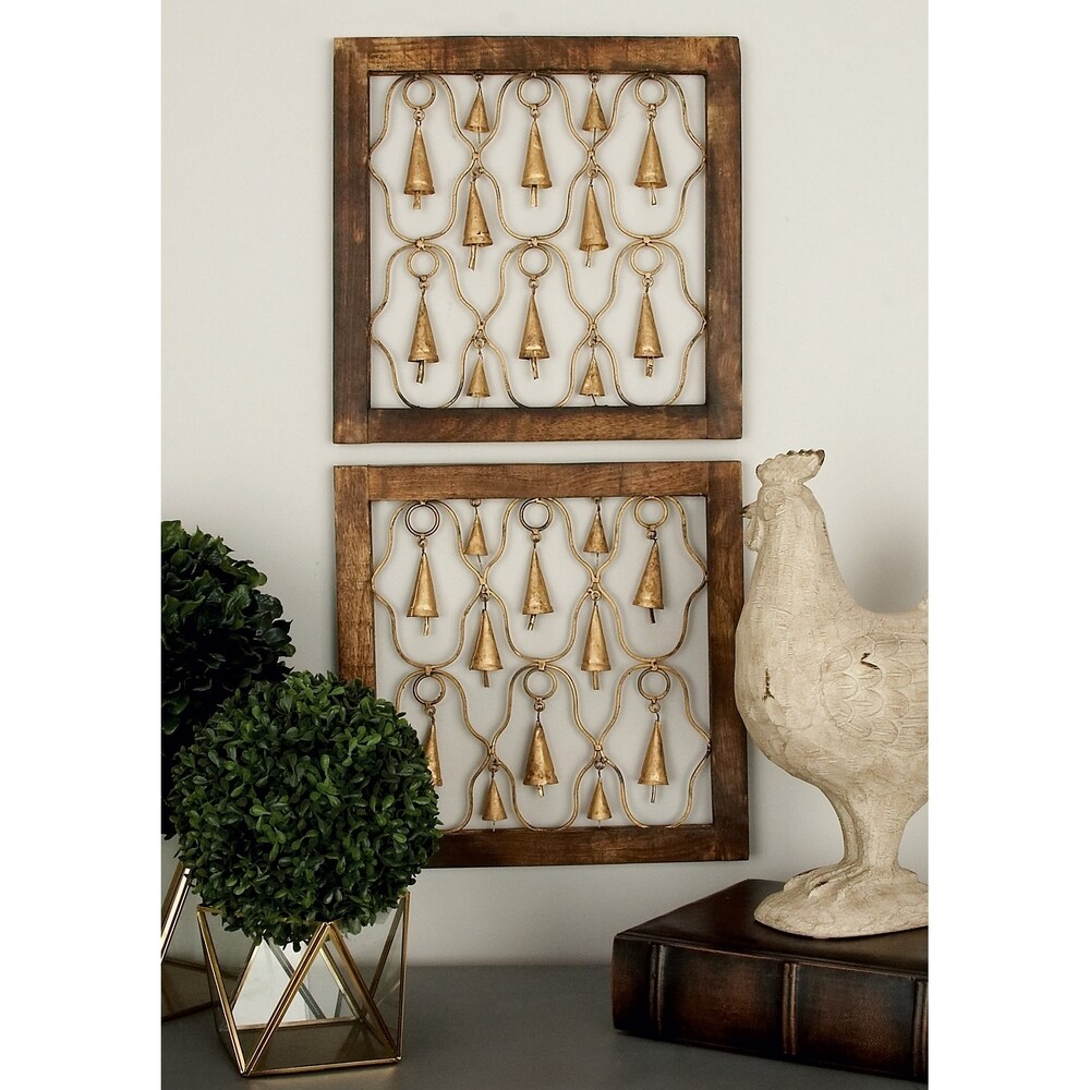 Brown Mango Wood Framed Bell Wall Decor (Set of 2)
