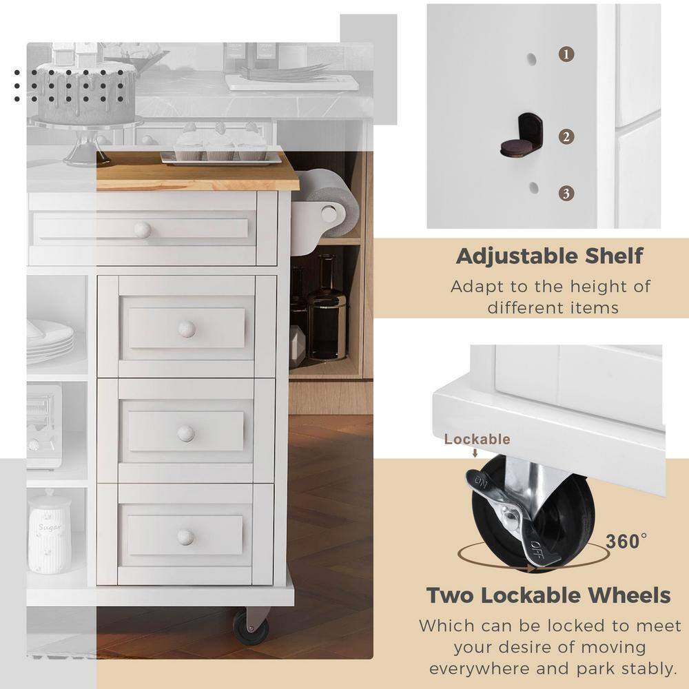 Tatahance White Rolling Mobile Kitchen Island with Spice Rack Towel Rack and Drawer and Rubber Wood Desktop WF297003AAW-Z