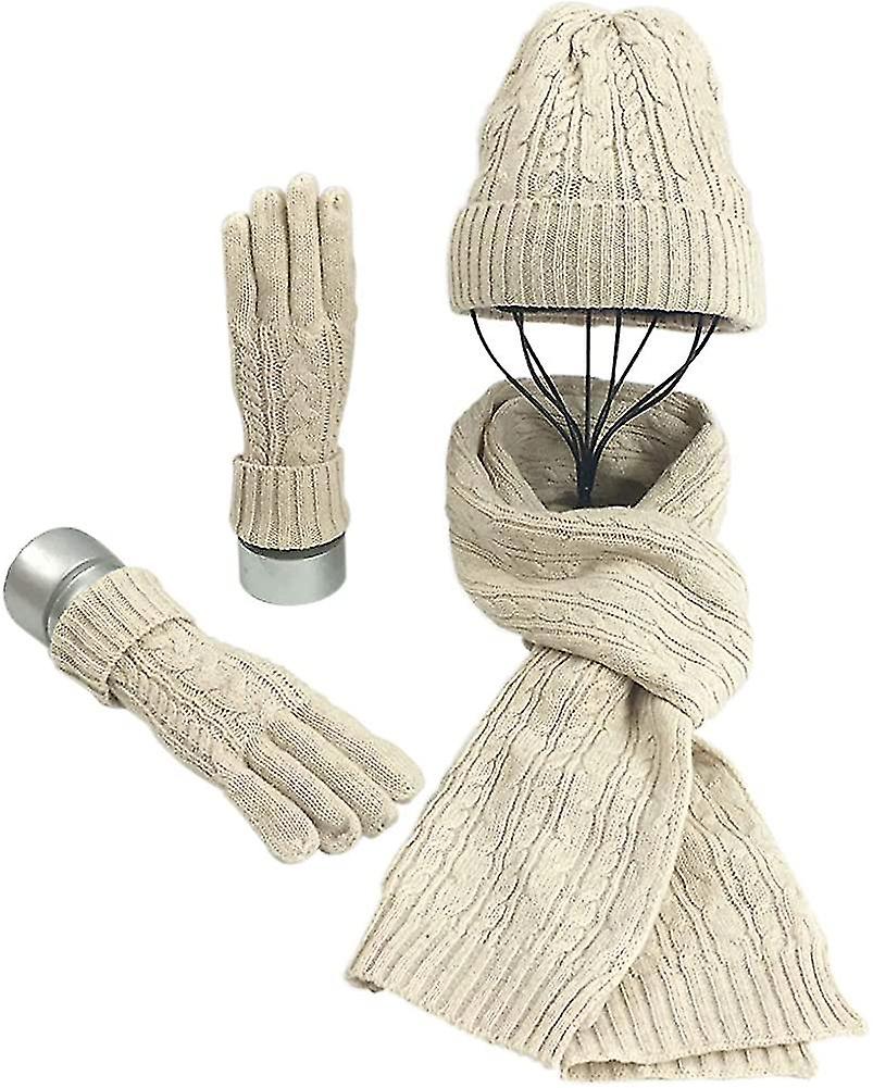 Wool Soft Scarf Hat Glove Sets Cable Knit Winter Gift Glove Hat Set