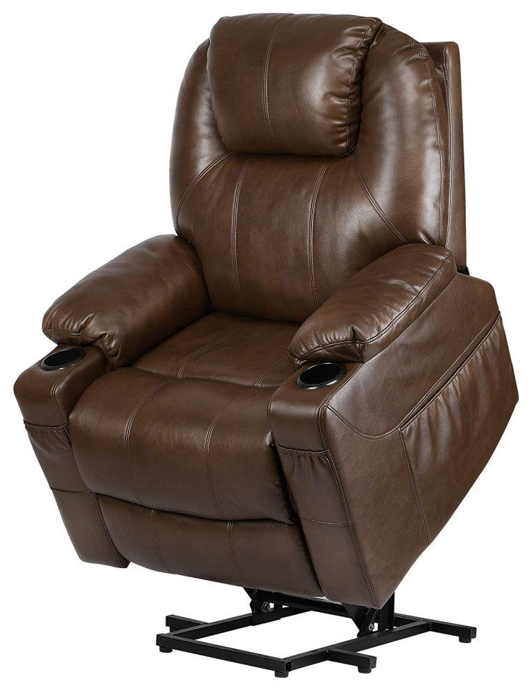 Power Lift Recliner  Faux Leather Seat and Back With 8 Vibrations Points  Brown   Transitional   Recliner Chairs   by Decorn  Houzz