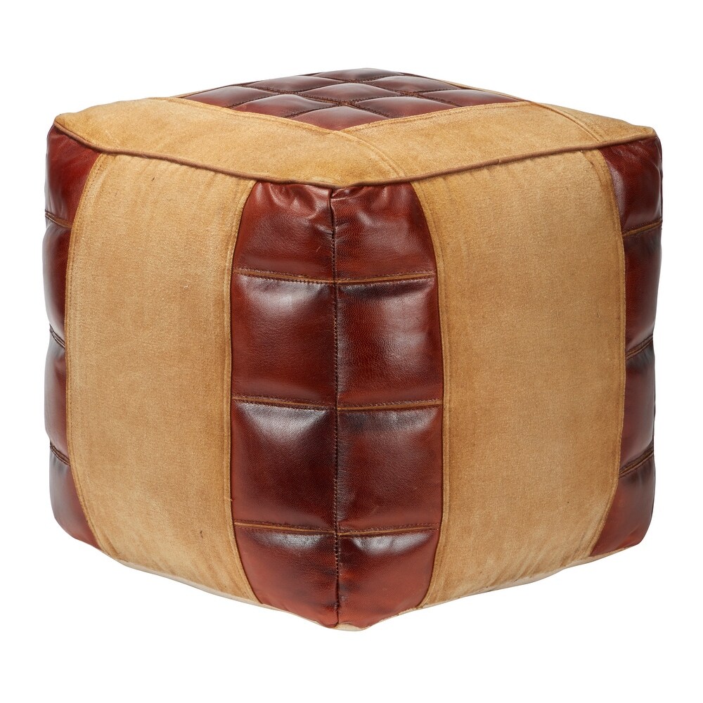 Beige Canvas Pouf with Leather Accents   20 x 20 x 17