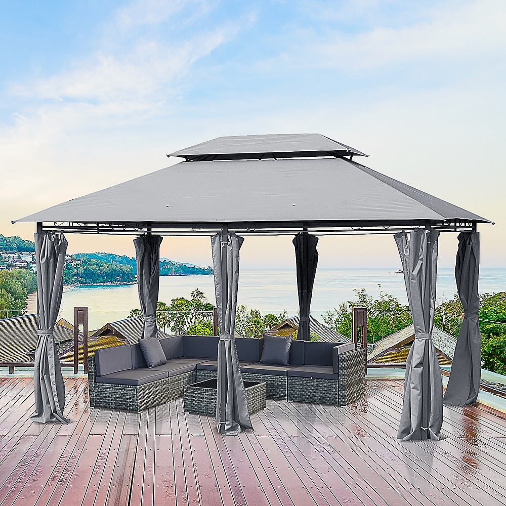 Outsunny 2 tier Grey Outdoor Garden Gazebo with Removable Curtains