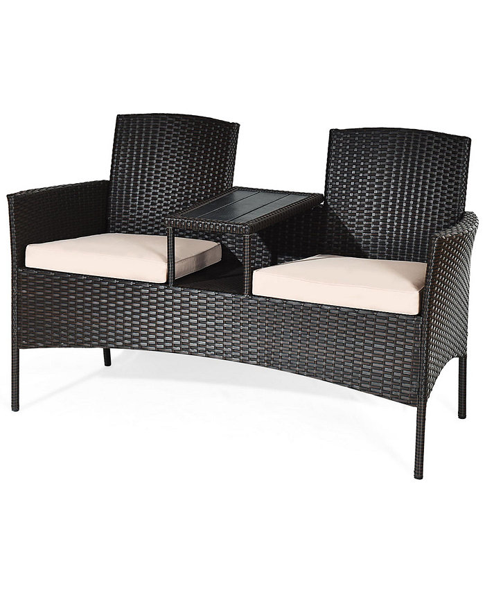 Costway Patio Rattan Conversation Set Loveseat Sofa Cushioned Coffee Table