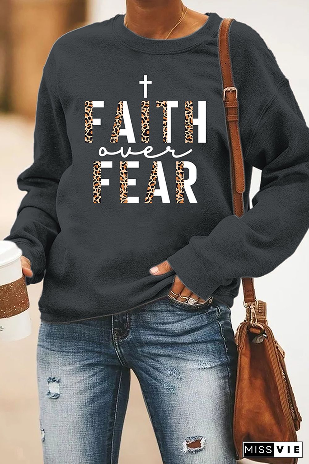 Faith Over Fear Half Leopard Black Print O-neck Long Sleeve Sweatshirts Women Wholesale