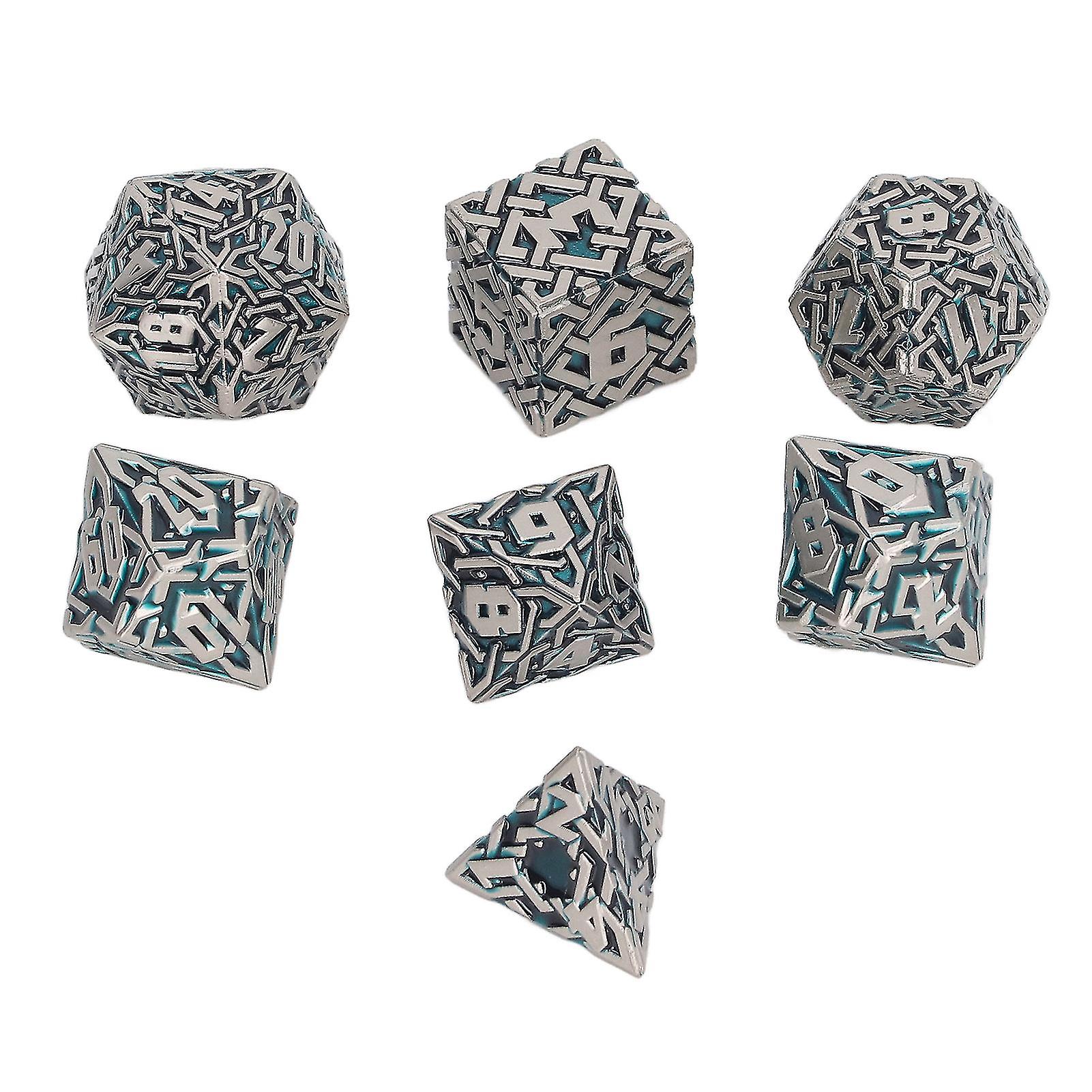 7pcs Metal Engraved Pattern Dice Set Men Women Party Tabletop Funny Polyhedral Dice Props for Card Game Pearl Nickel Green