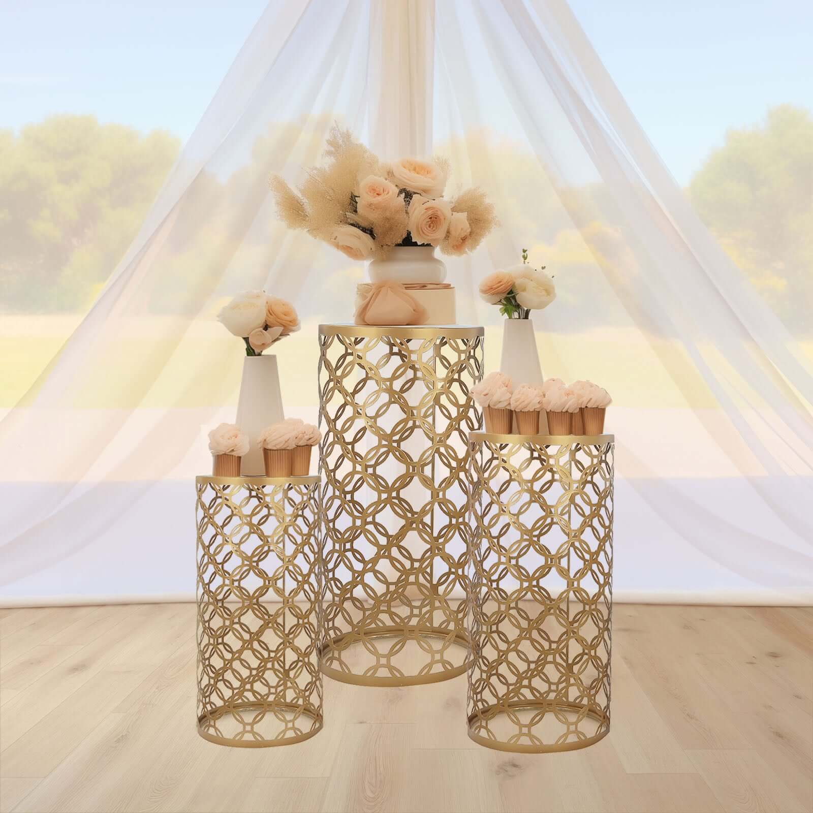 Set of 3 Gold Metal Cylinder Plinth Pedestal Stands, Round Mesh Pillar Cake Display Stand in Hollow Overlapping Circles Pattern - 22