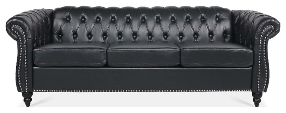 CRO Decor 84  x27BROWN PU Rolled Arm Chesterfield Three Seater Sofa Black   Traditional   Sofas   by Homesquare  Houzz