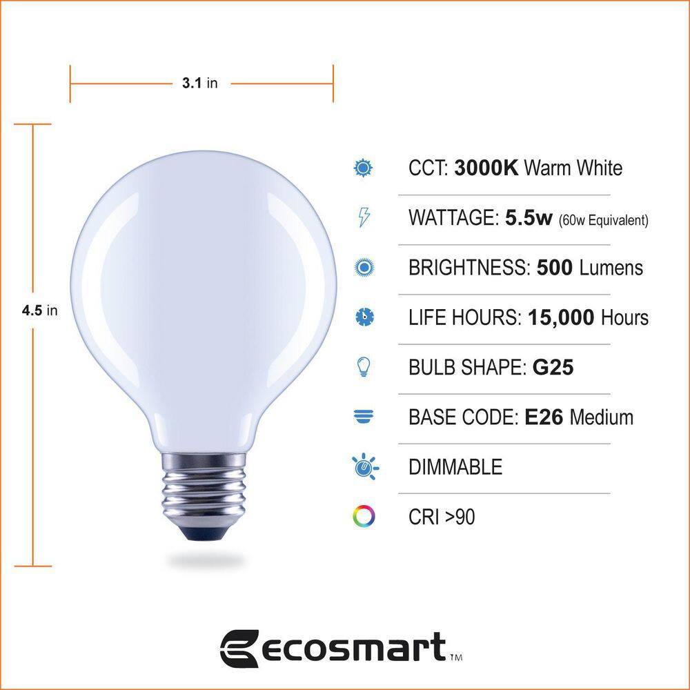 EcoSmart 60-Watt Equivalent G25 Dimmable ENERGY STAR Frosted Glass Filament LED Vintage Edison Light Bulb Bright White (3-Pack) FG-03235