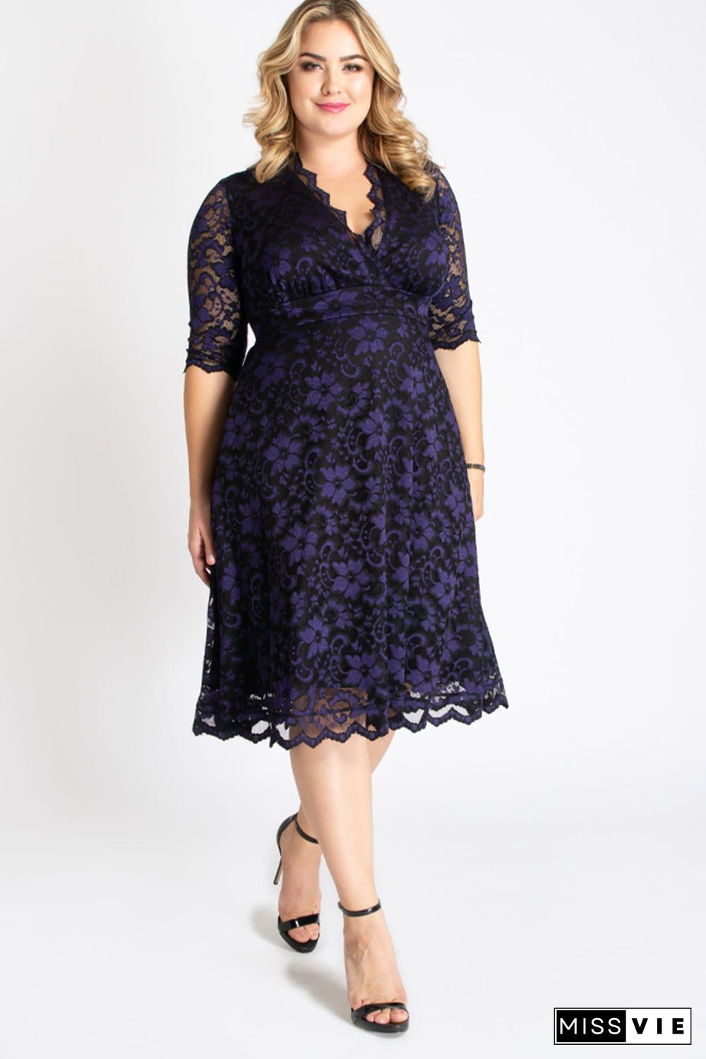 Blue Plus Size Half Sleeve Lined Lace Midi Dress