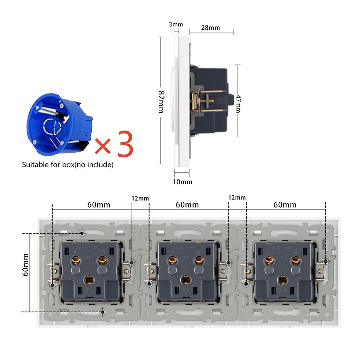 Wall Power Triple Socket Electrical Outlet Glass Frame Eu Socket German Flush-mounted 3 In 1 Sockets Set White，black，grey