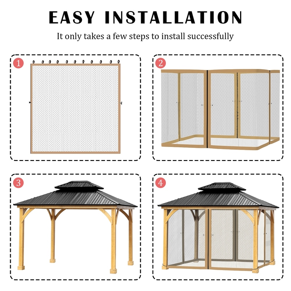 Aoodor Gazebo Netting Screen Black 12' x 12' Replacement Universal 4 Panel Sidewalls ( Only Netting)