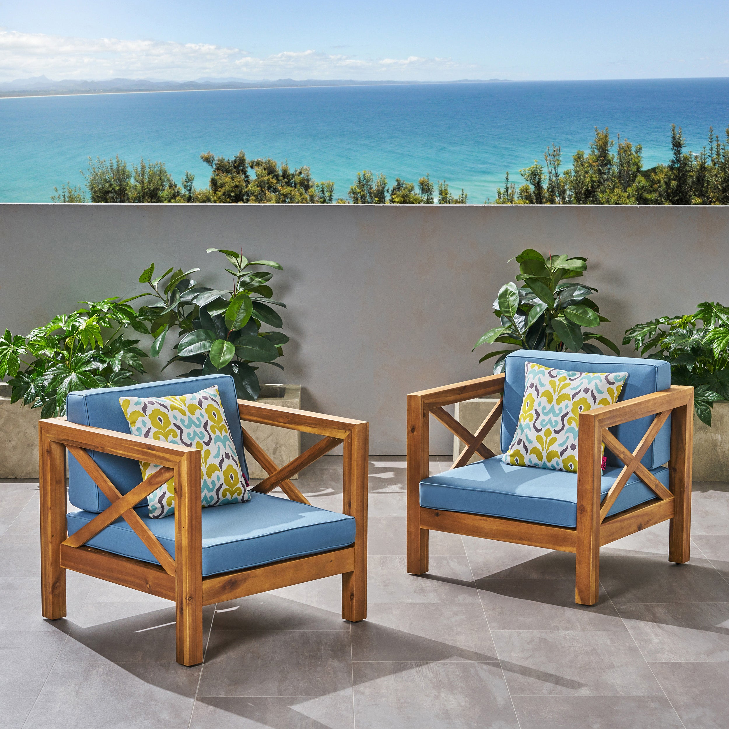 Indira Outdoor Acacia Wood Club Chairs with Cushions (Set of 2)