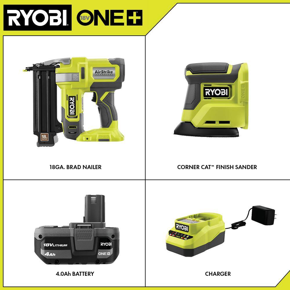 RYOBI ONE+ 18V 18-Gauge Cordless AirStrike Brad Nailer with Cordless Corner Cat Finish Sander 4.0 Ah Battery Charger P321K1N-PCL416B