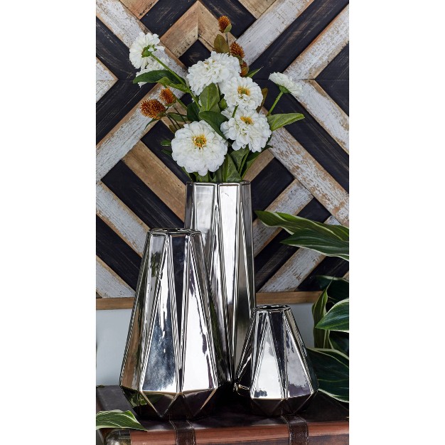 Set Of 3 Glam Style Geometric Metallic Electroplated Vases Silver Cosmoliving By Cosmopolitan