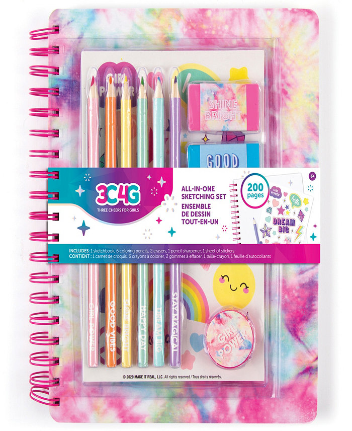 Three Cheers For Girls 3C4G All-in-One Sketching Set Pastel Tie Dye Make It Real  Tweens Girls  200 Page Book  Includes 6 Colored Pencils  2 Erasers  Pencil Sharpener Sheet Of Stickers  Take Notes In Class  Sketch Doodle  Art Supplies  Diary