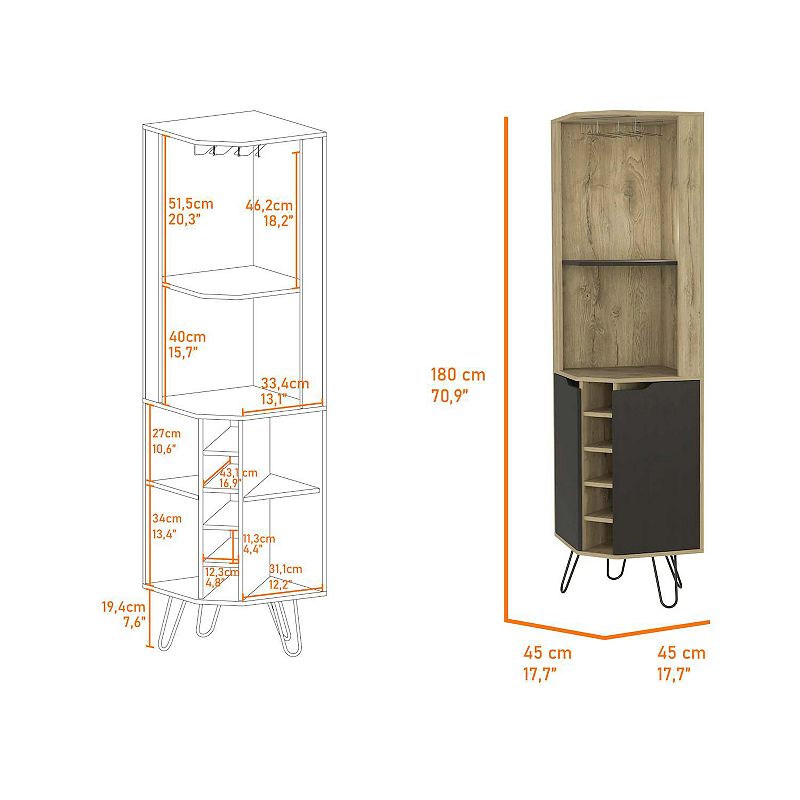 Grace Corner Bar Cabinet， Six Built-in Wine Rack， Four Shelves， Door， Two Shelves