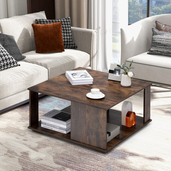 2 Tiers Square Coffee Table with Storage and Non-Slip Foot Pads-Rustic Brown - 31.5