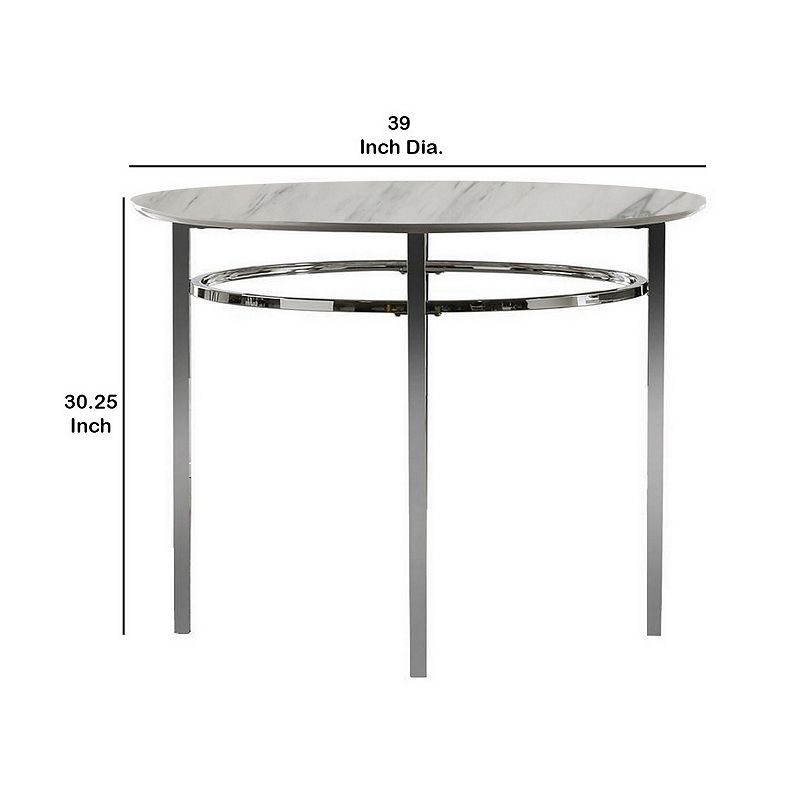 Contemporary Round Dining Table with Faux Marble Top， White and Chrome