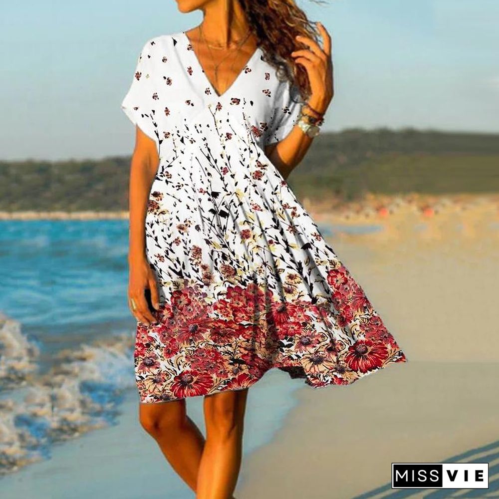 V-Neck Floral Print Short Sleeve Dress