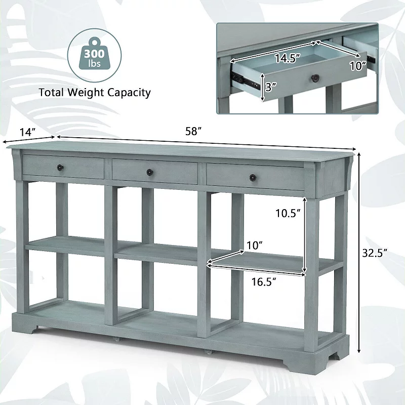 58 Retro Console Table With 3 Drawers And Open Shelves Rectangular Entryway Table-Blue