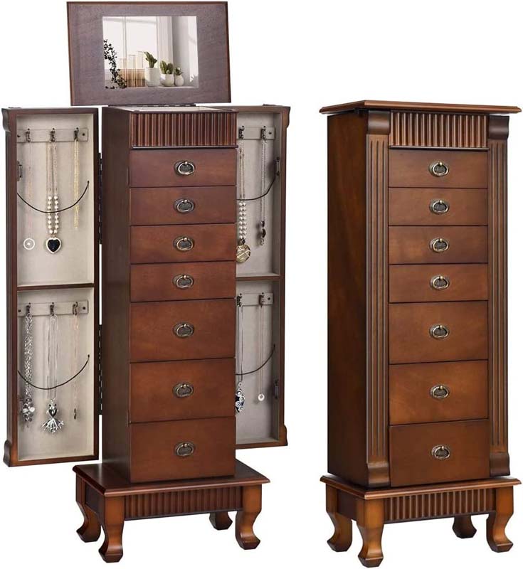 Large Capacity Standing Jewelry Armoire Cabinet Storage Chest with 7 Drawers, 2 Swing Doors & Makeup Mirror