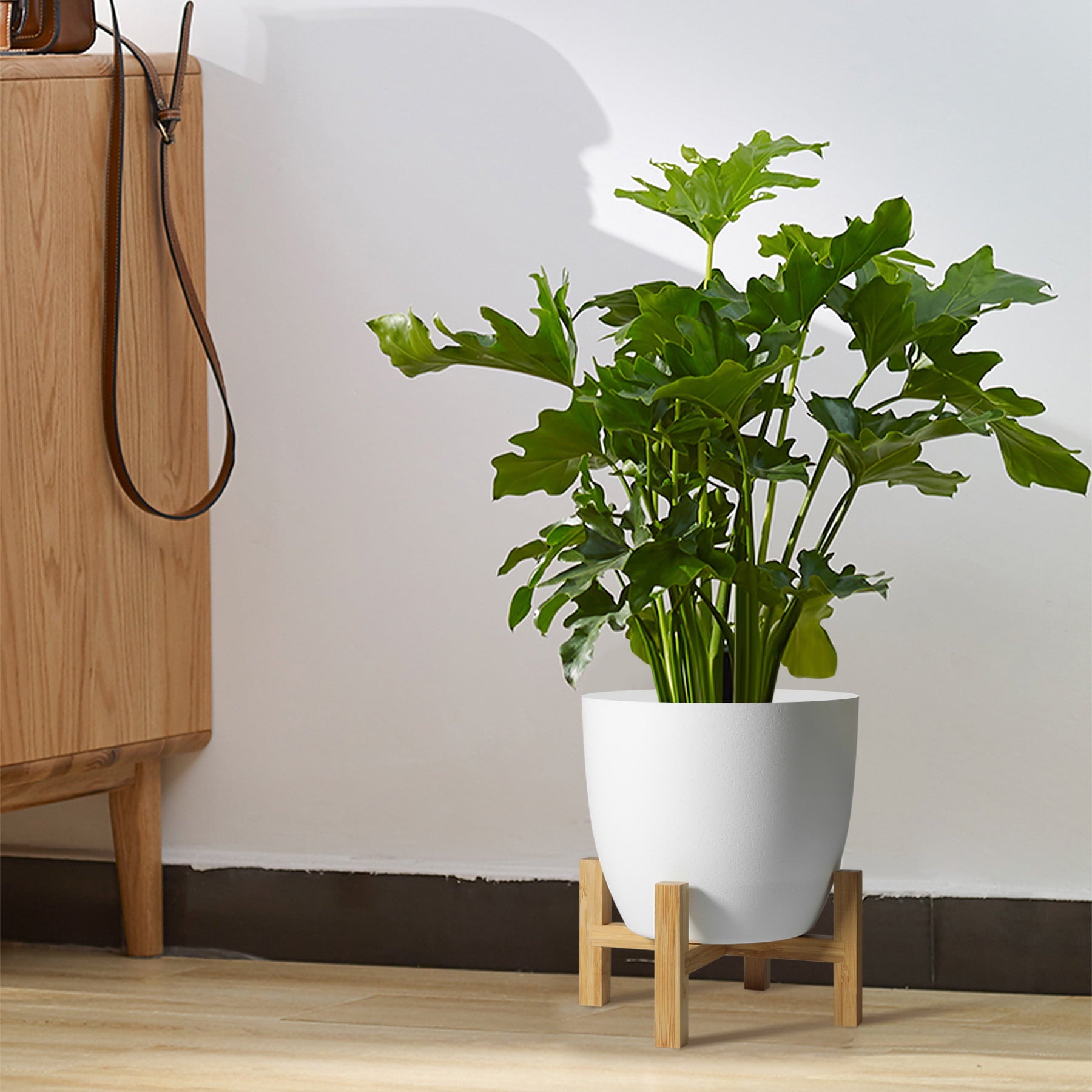 T4U 7 inches White Self Watering Planters, Plastic Plant Pots with Bamboo Stand for Modern Decoration, Set of 2