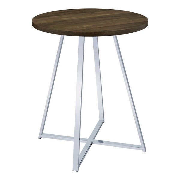 43 Inch Tall Modern Bar Table， Brown Round Top， Polished Chrome Flared Legs