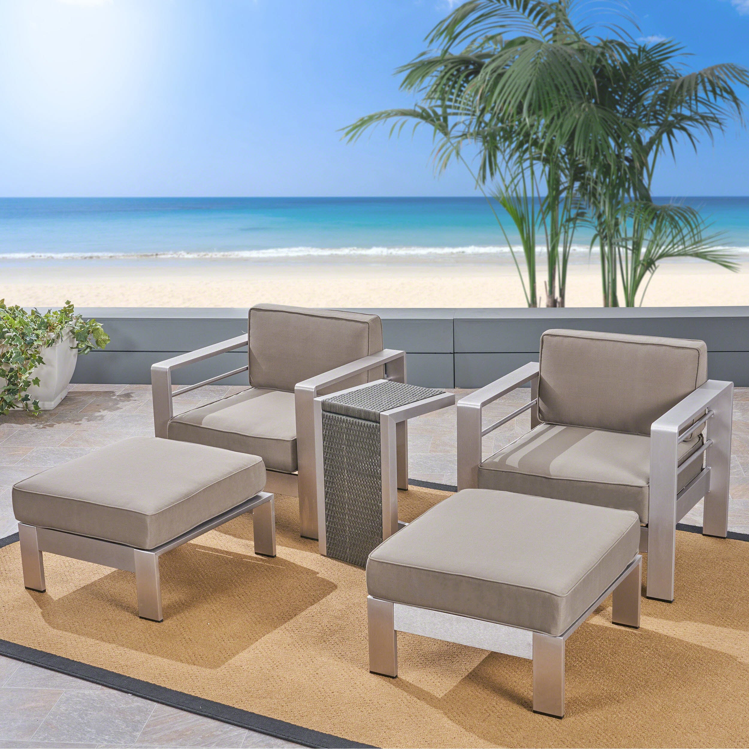 Emily Coral Outdoor Aluminum 2-Seater Club Chair Chat Set with Ottomans and Side Table