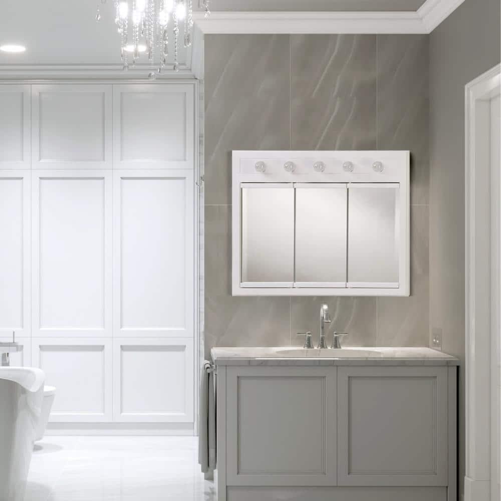 Design House Concord 36 in W x 30 in H x 5 in D Framed 5Light TriView SurfaceMount Bathroom Medicine Cabinet in White Gloss