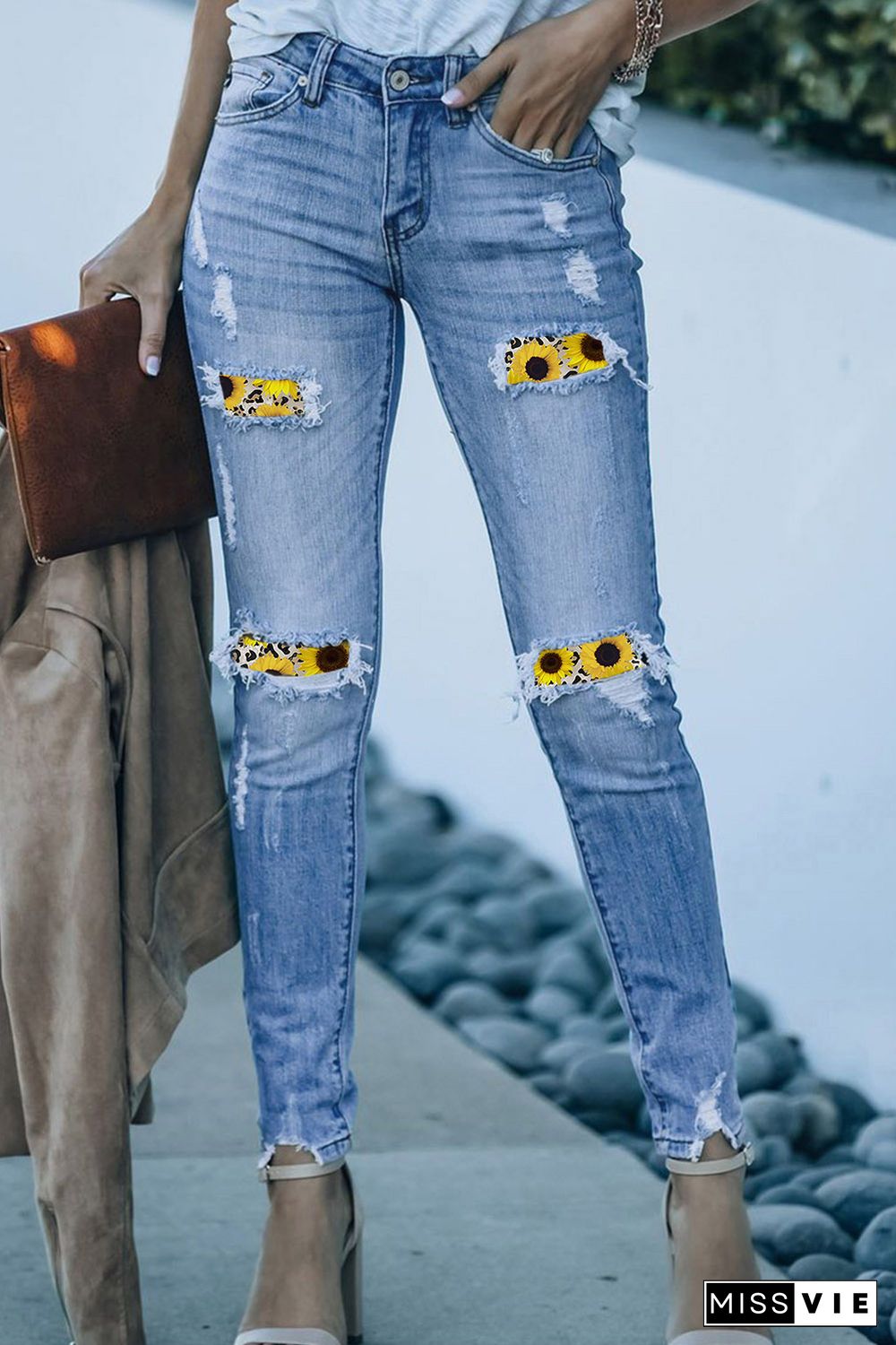 Sunflower Patchwork Distressed Ankle Length Skinny Jeans