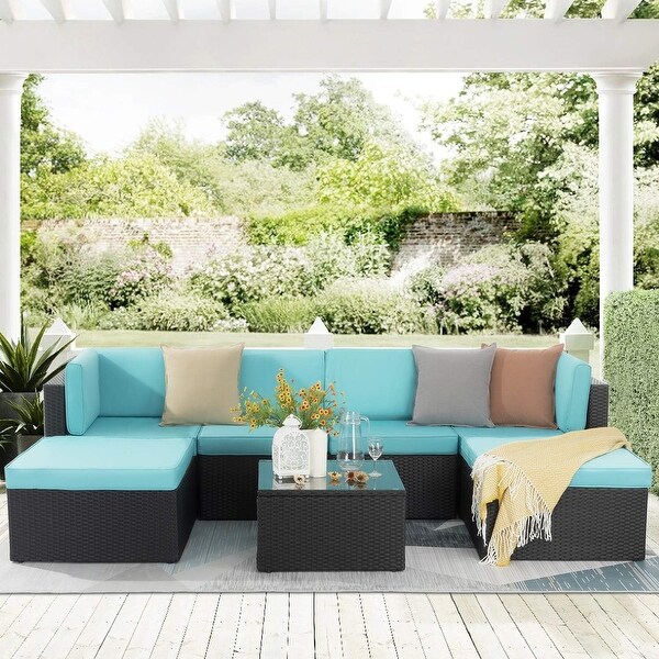 Bossin 7 Pieces Patio Furniture Sets，Outdoor Sectional Sofa，Rattan Wicker Couch with Washable Cushions and Glass Table