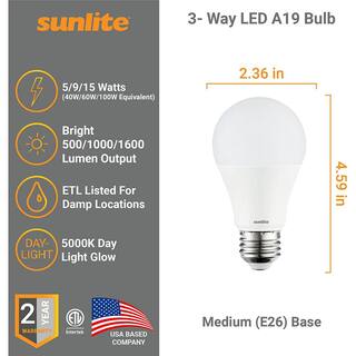 Sunlite 4060100-Watt Equivalent A19 3-Way Medium E26 Base LED Light Bulb in Daylight 5000K (3-Pack) HD03514-3