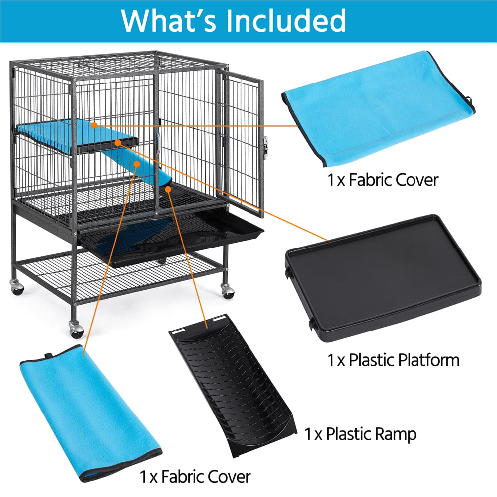 Easyfashion Rolling Metal Small Animal Cage with Removable Ramp and Platform， Hammered， Black