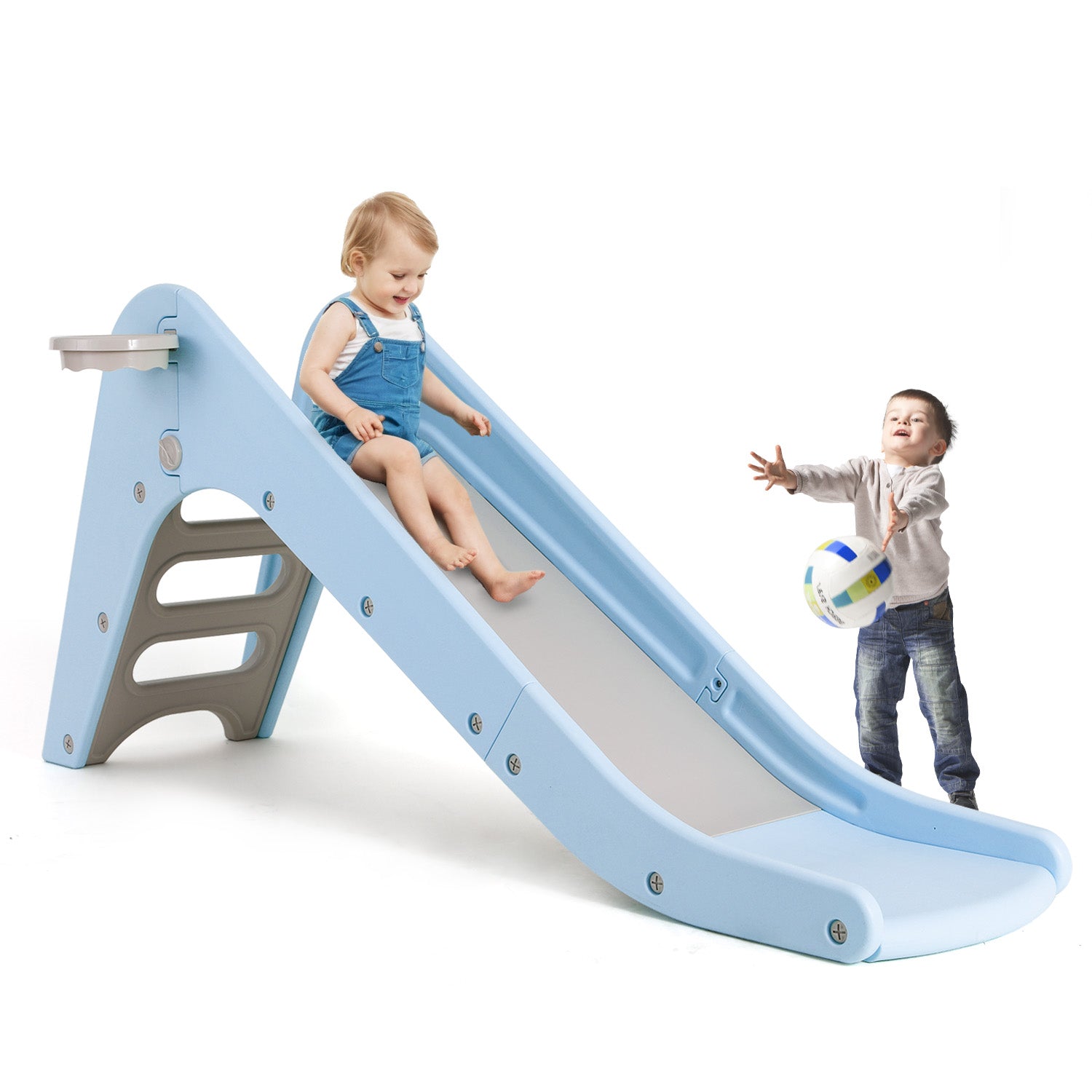 Freestanding Kids Slide Toddler Slide Climber with Basketball Hoop