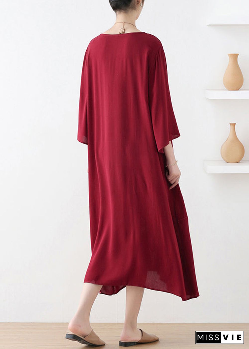 Natural Red O-Neck Print Draping Long Dress Fall