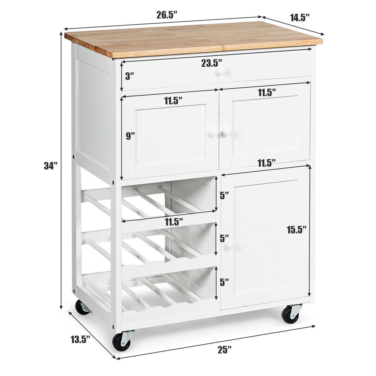 Gymax Modern Rolling Kitchen Cart Trolley Island Storage Cabinet w/DrawerandWine Rack