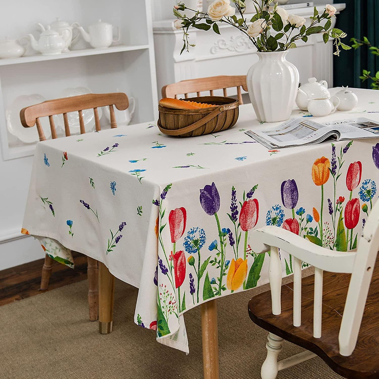 Boho Cotton Linen Fabric Tablecloth， Tulip In The Field Pattern Rectangular Table Cover For Kitchen Dining Tabletop Party Wedding Autumn Winter Decora