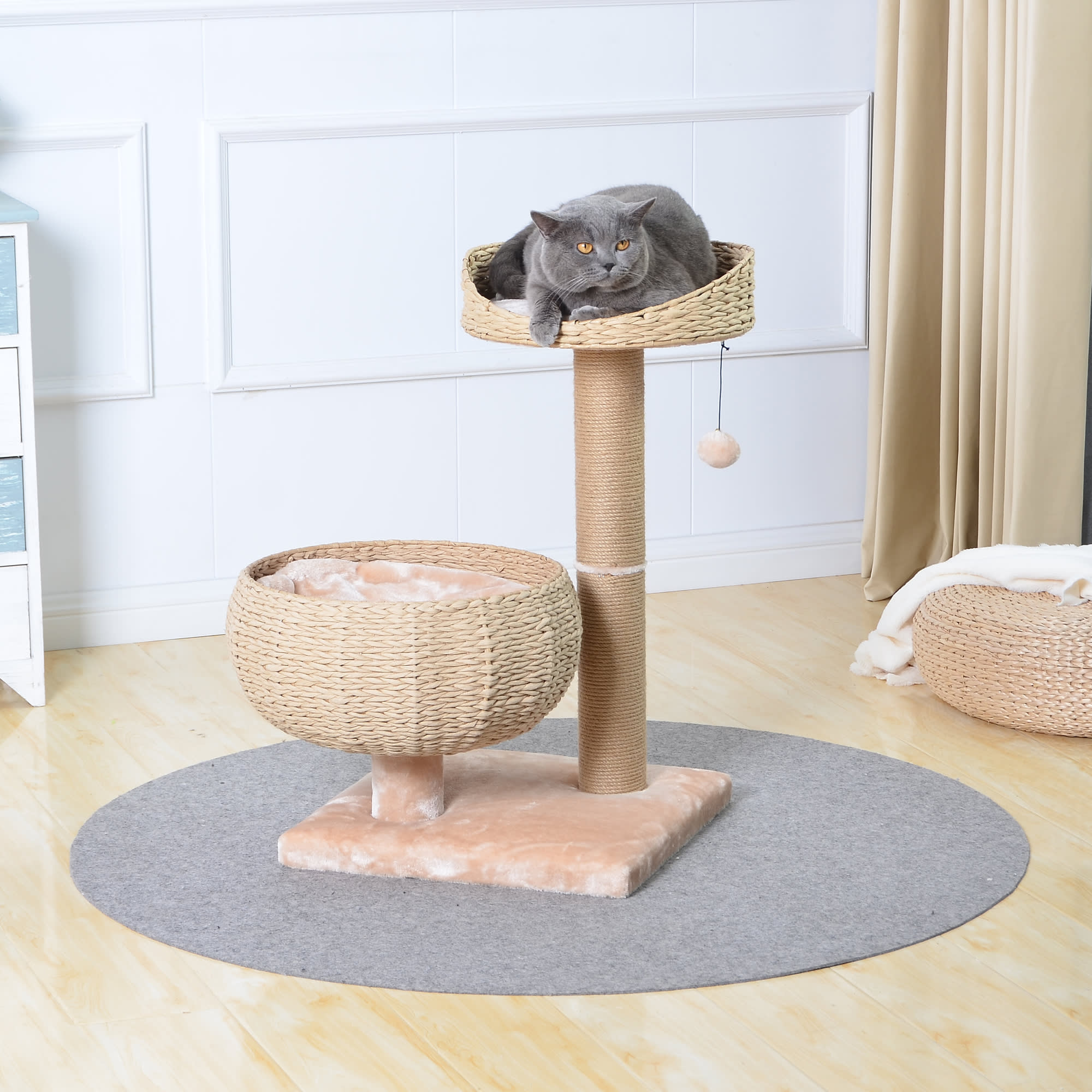 PetPals Group Cozy V2 Paper Handcrafted Basket Cat Tree， Top Perch Jute Rope Scratching Post， 17.7