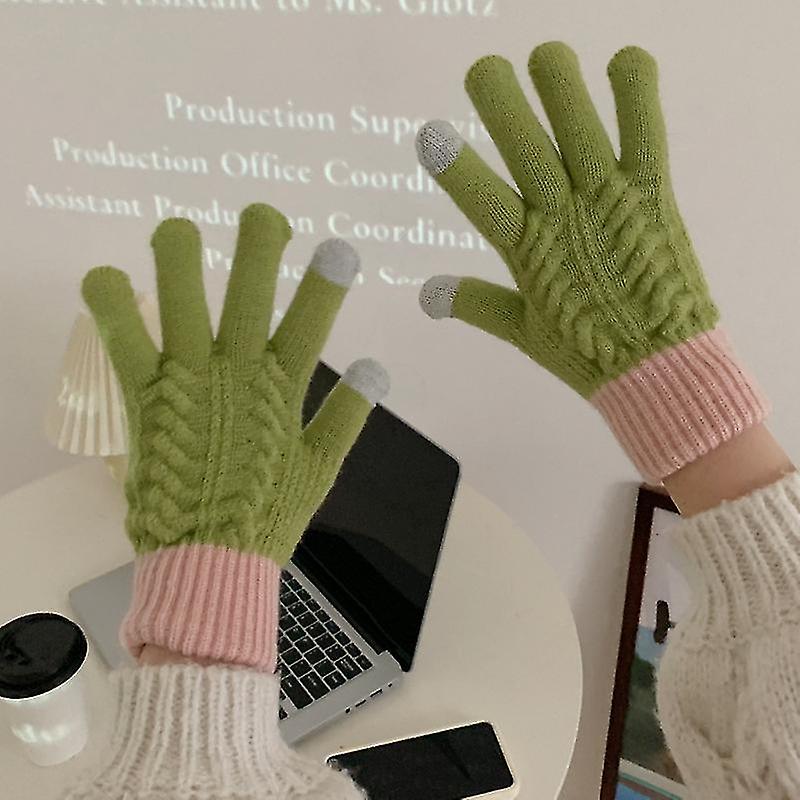 Women Touch Screen Gloves - Winter Warm Knitted Touchscreen Gloves Thermal Cable Knit Gloves Fleece Lined Full Finger Gloves2setgreen+pink