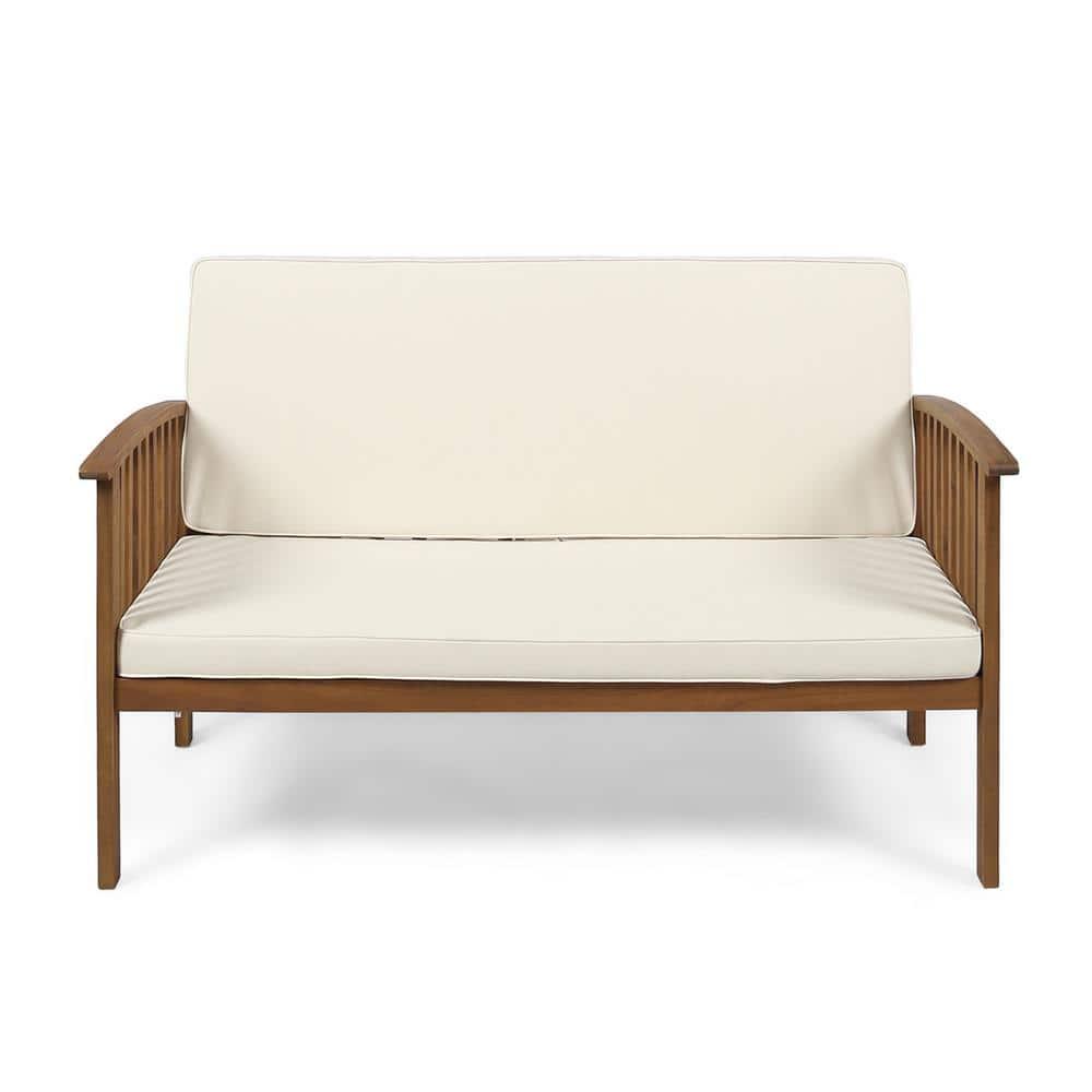 Noble House Casa Brown Patina Wood Outdoor Loveseat with Cream Cushions