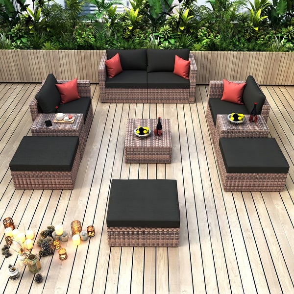 10 Pieces Outdoor Patio Garden Brown Wicker Sectional Sofa Conversation Set - Overstock - 37543688