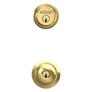 Schlage Plymouth Bright Brass Single Cylinder Deadbolt and Keyed Entry Door Knob Combo Pack FB50N V PLY 505 605