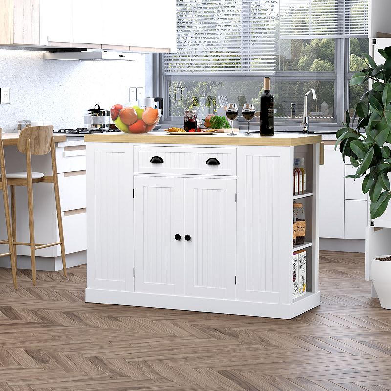 HOMCOM 47 Fluted Style Wooden Kitchen Island Kitchen Countertop Storage Cabinet with Drop Leaf Drawer Open Shelves Storage White